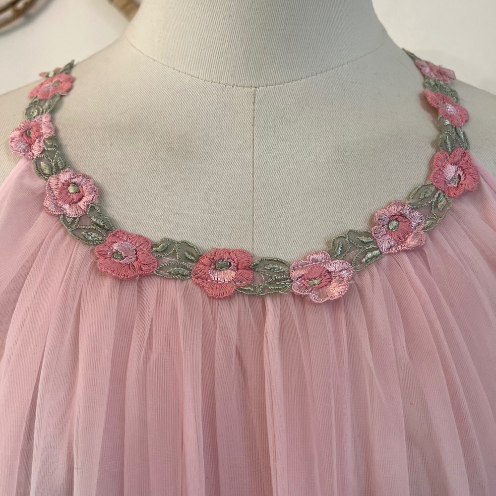 Vintage Pink Chiffon Floral Embroidered Babydoll Lingerie Slip Dress Ballet M/L - Picture 3 of 7